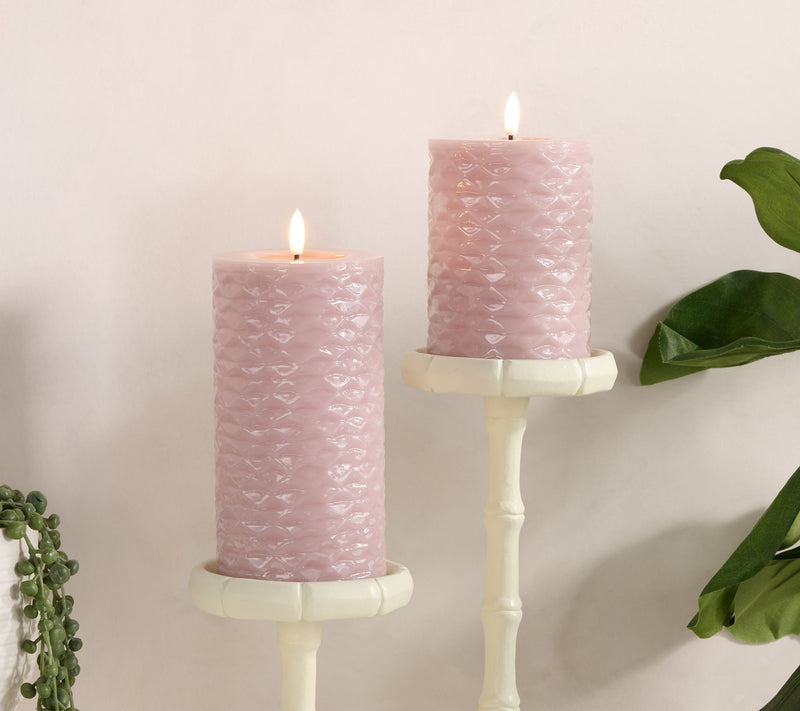 Set of 2 Textured Wax Flameless Pillar Candles by Kim Gravel — View 8