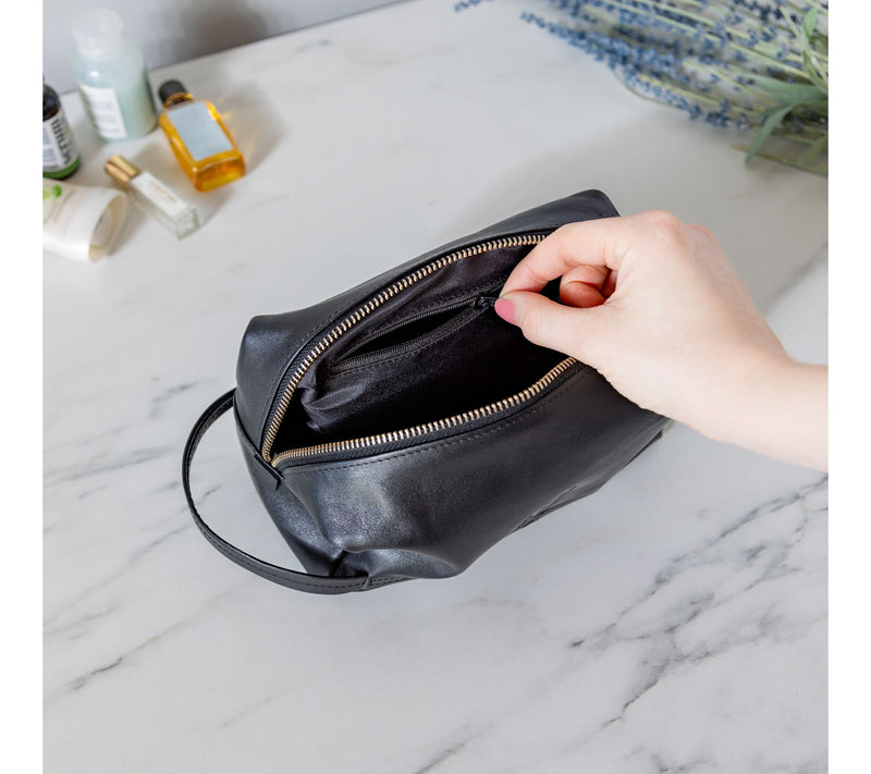 Evergreen Black Leather Toiletry Bag w/NFL TeamEmbossed Logo — View 2