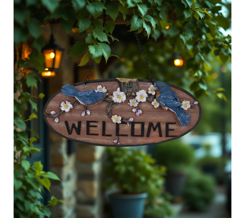 Northlight Welcome Bluebirds and Flowers Hanging Sign 12" — View 2