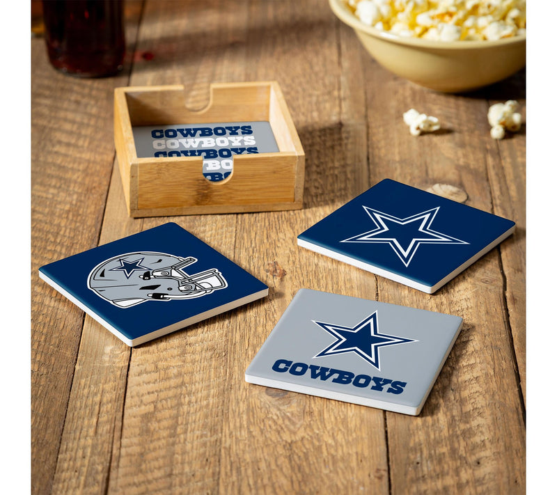 Evergreen 4 Piece NFL Team Ceramic Coaster Setwith Wood Caddy — Main view