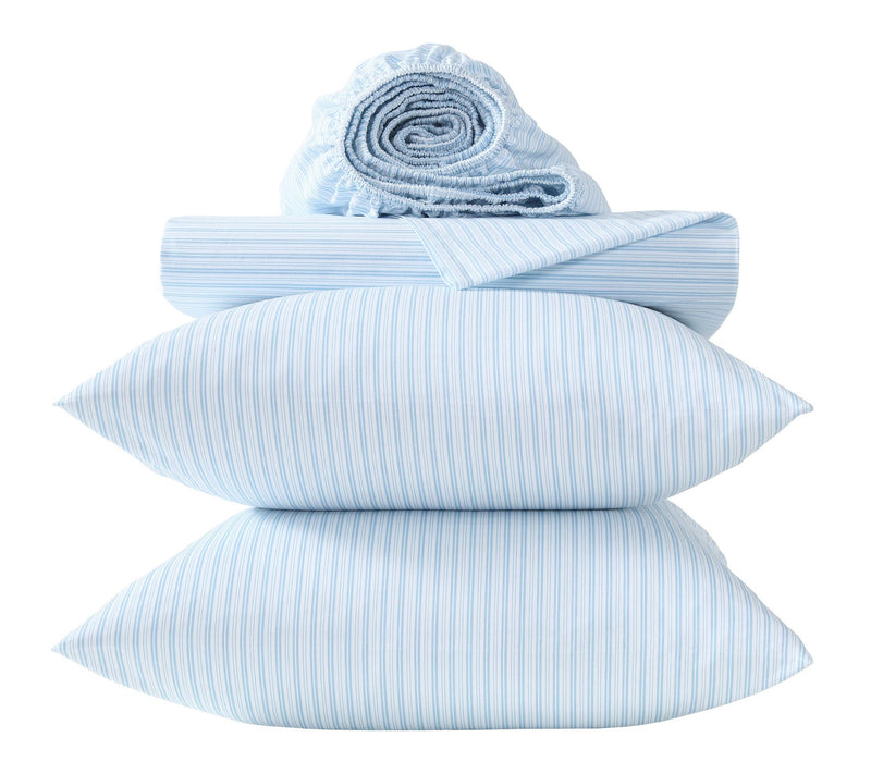 Laura Ashley Bedford Stripe Blue Cotton Twin Sheet Set — View 6