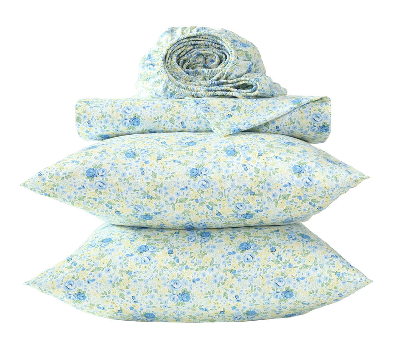 Laura Ashley Rowena Blue/Yellow Cotton Sateen King Sheet Set — View 6