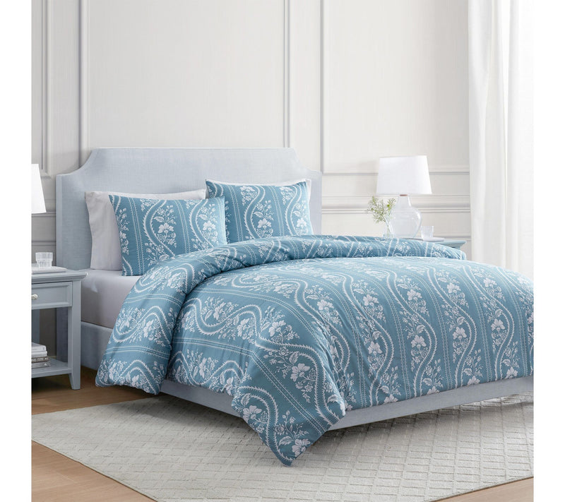 Martha Stewart Sophia Stripe Blue Cotton QueenComforter Set — Main view