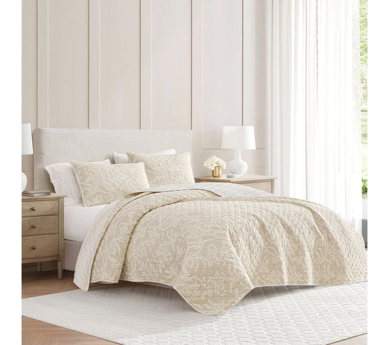 Martha Stewart Branches Beige/White Cotton Queen Quilt Set — View 10