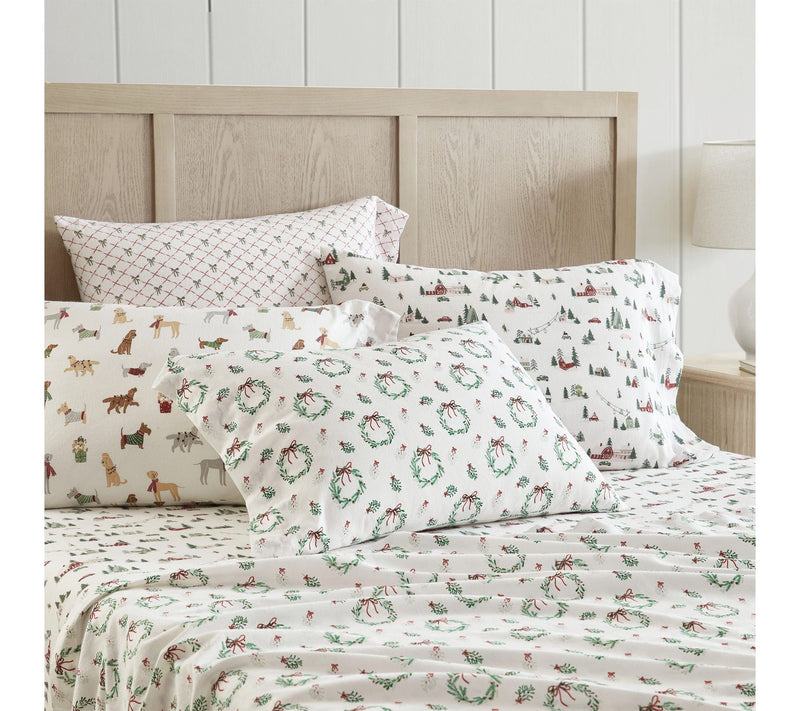 Martha Stewart Holiday Bows White/Red Flannel Full Sheet Set — View 8