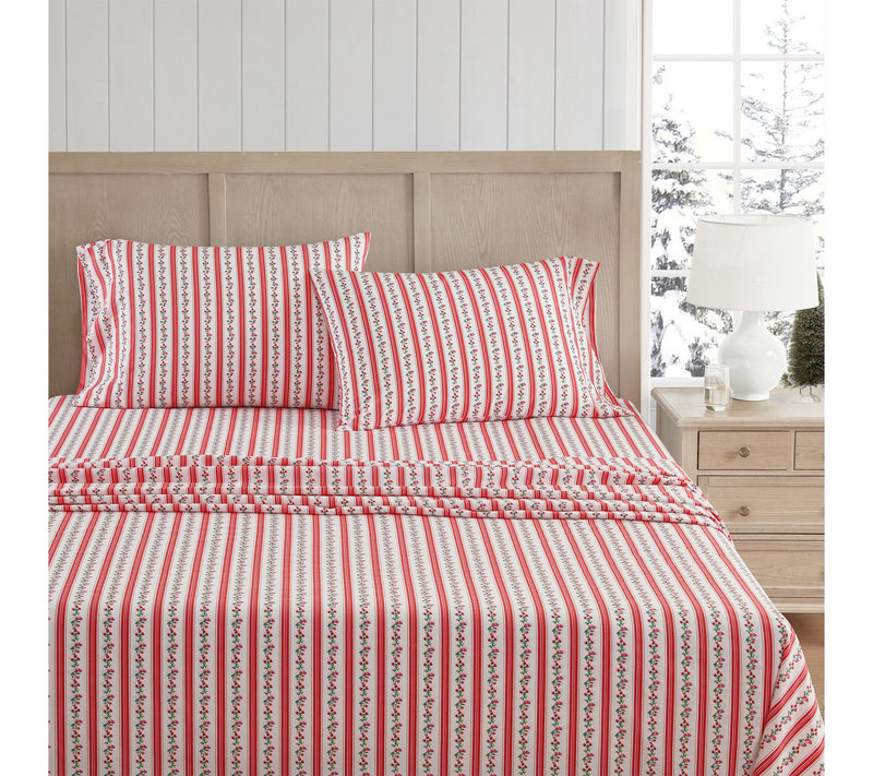 Martha Stewart Rose Ribbon White/Red Cotton Queen Sheet Set — Main view