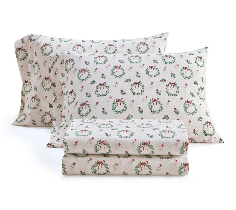 Martha Stewart Wreaths & Mistletoe Flannel Queen Sheet Set — View 10