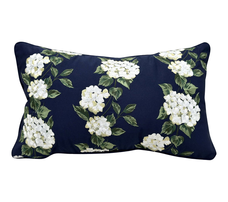 Navy Hydrangea Lumbar Indoor/Outdoor Throw Pillow by Valerie — Main view