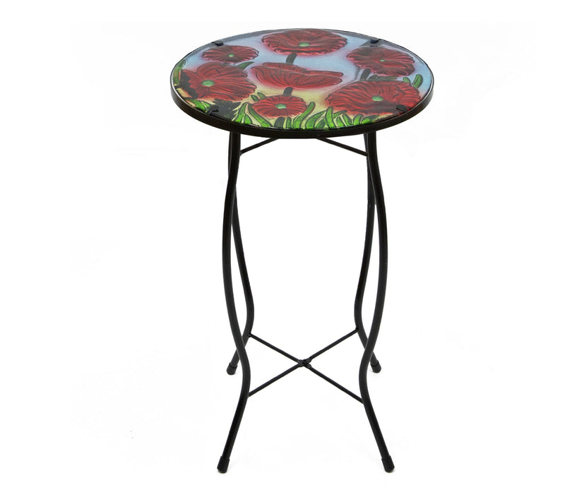 Northlight 19" Red Floral Poppies Glass Patio Side Table — Main view