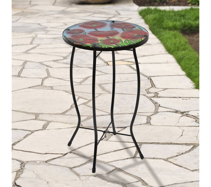 Northlight 19" Red Floral Poppies Glass Patio Side Table — View 2