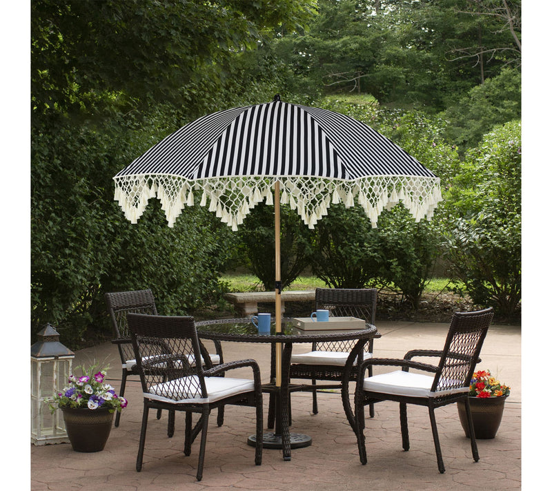 Northlight 6.5' Striped Macrame Boho Umbrella Black White — View 3