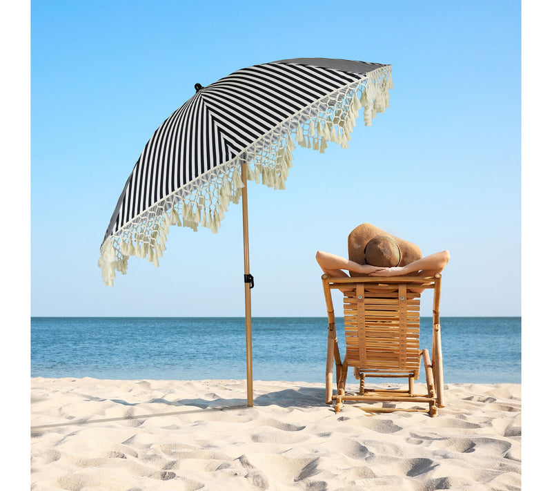 Northlight 6.5' Striped Macrame Boho Umbrella Black White — View 2