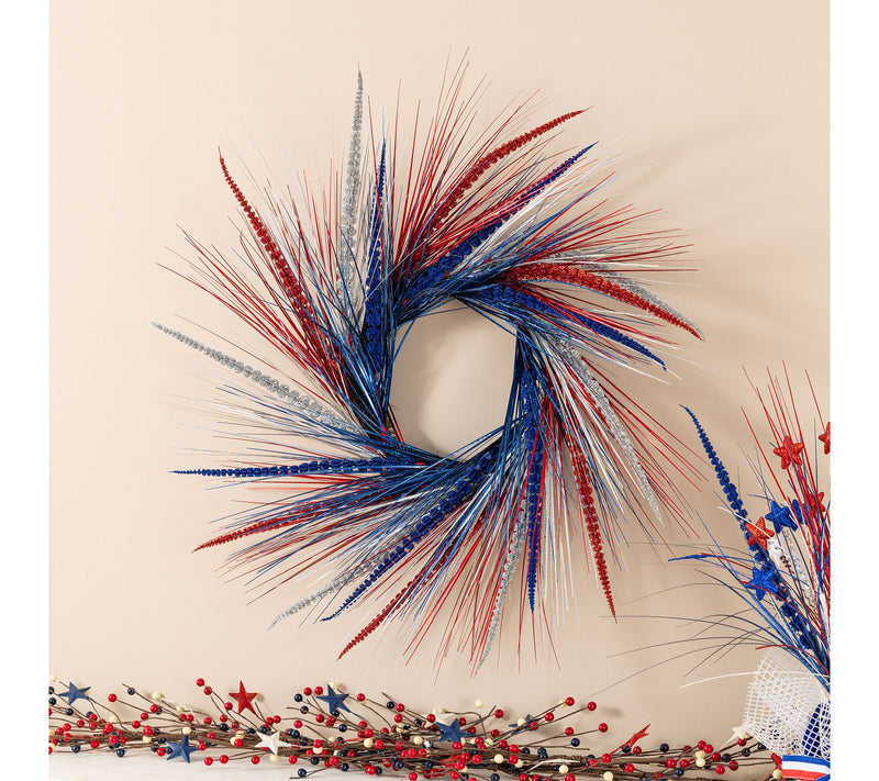 Glitzhome 24"D Patriotic Americana Tinsel and Heather Wreath — View 2