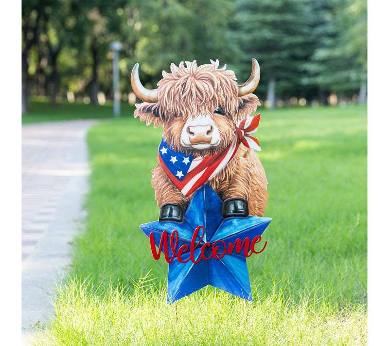 Glitzhome 30"H Patriotic Americana Highland CowGarden Stake — View 2