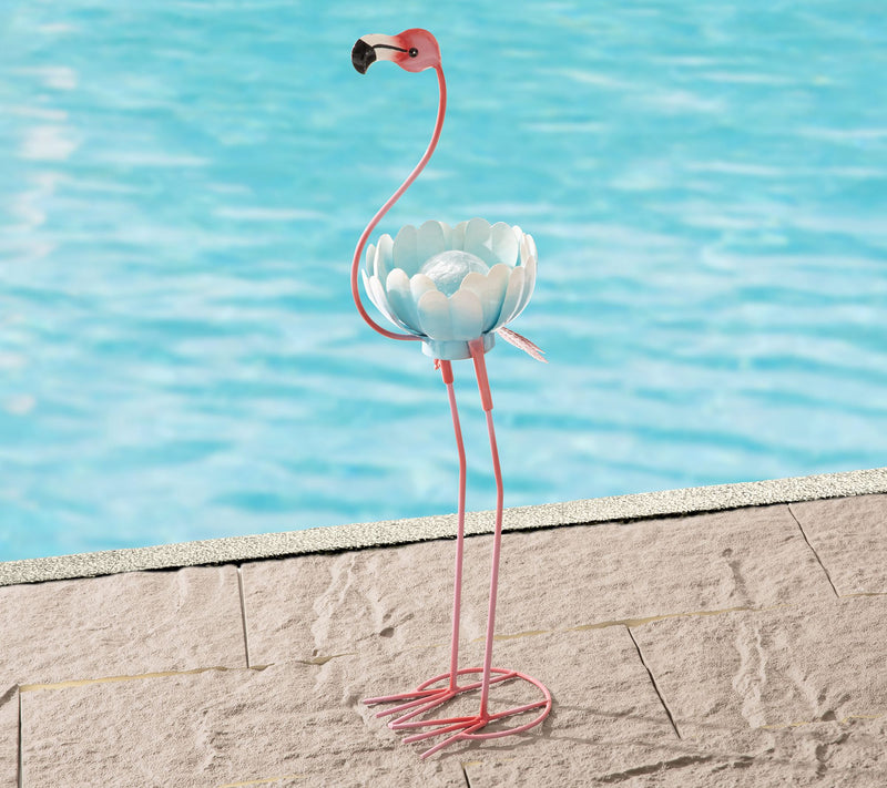 Glitzhome 26.25"H Metal Solar Standing FlamingoGarden Statue — View 2