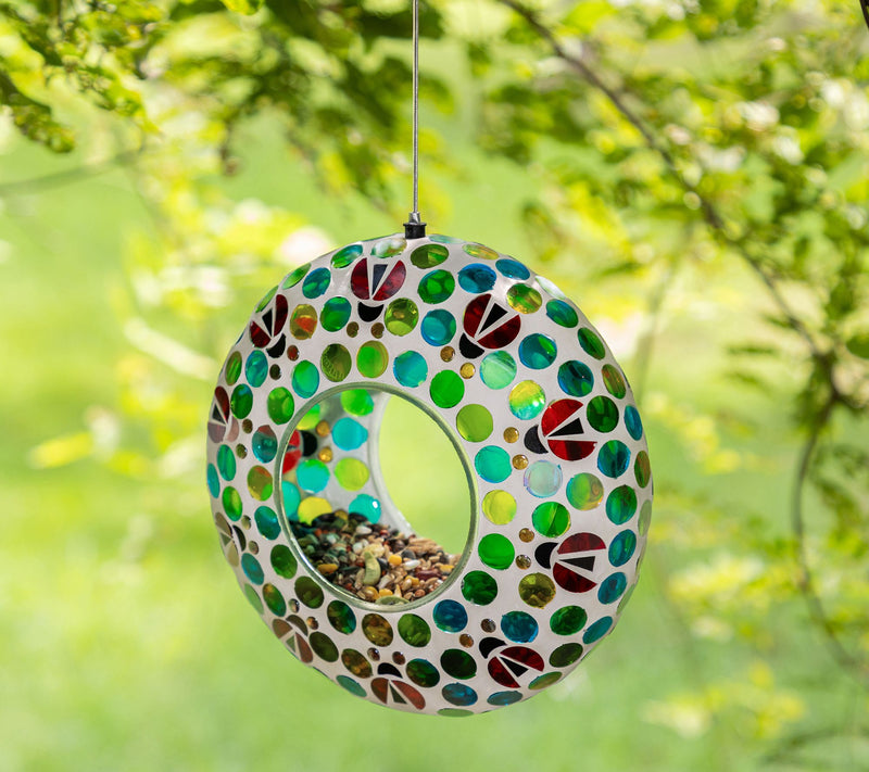 Glitzhome 8''D Glass Round Hanging Colorful Mosaic Birdfeeder — View 3