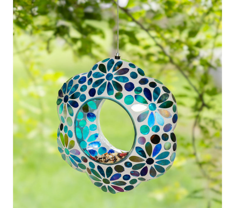 Glitzhome 8.5''D Glass Flower Shaped Hanging Mosaic Birdfeeder — View 3