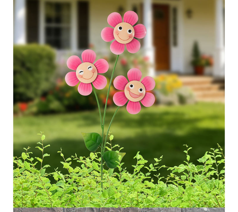 Glitzhome 36"H Garden Triple Happy Face FlowerGarden Stake — View 3