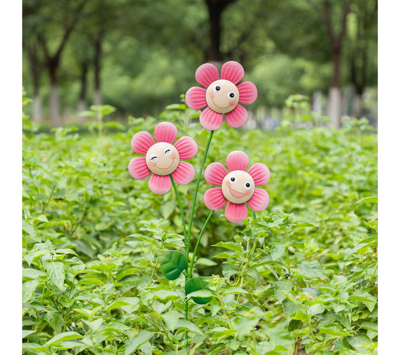 Glitzhome 36"H Garden Triple Happy Face FlowerGarden Stake — View 2