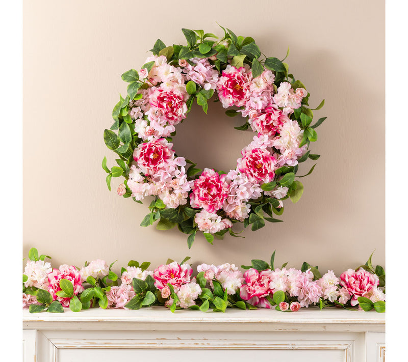 Glitzhome 24"D Pink Hydrangea Peony & Cherry Wreath — View 4