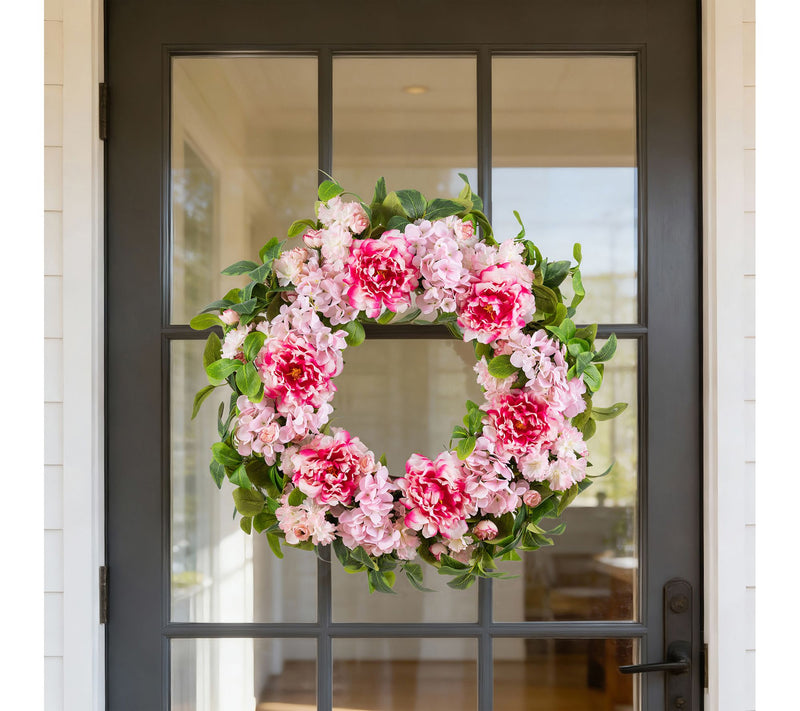 Glitzhome 24"D Pink Hydrangea Peony & Cherry Wreath — View 3