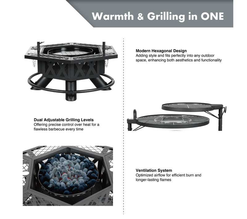 HEATMAXX Wood Burning Hex Shaped Fire Pit withCooking Grill — View 4