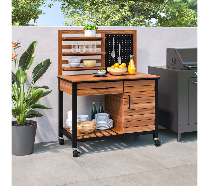 Seville Classics HOME Outdoor Acacia Wood Mobile Potting Bench — View 3