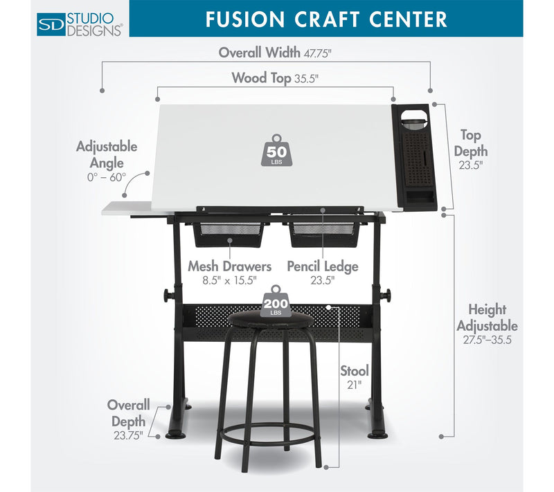 Studio Designs Fusion Craft Center, Drafting Table with Stool — View 3