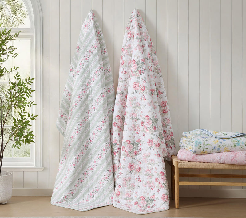 Laura Ashley Rosebud Stripe Sage Green Cotton Twin Quilt Set — View 8