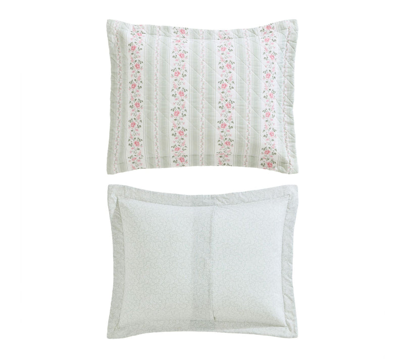 Laura Ashley Rosebud Stripe Sage Green Cotton Twin Quilt Set — View 5
