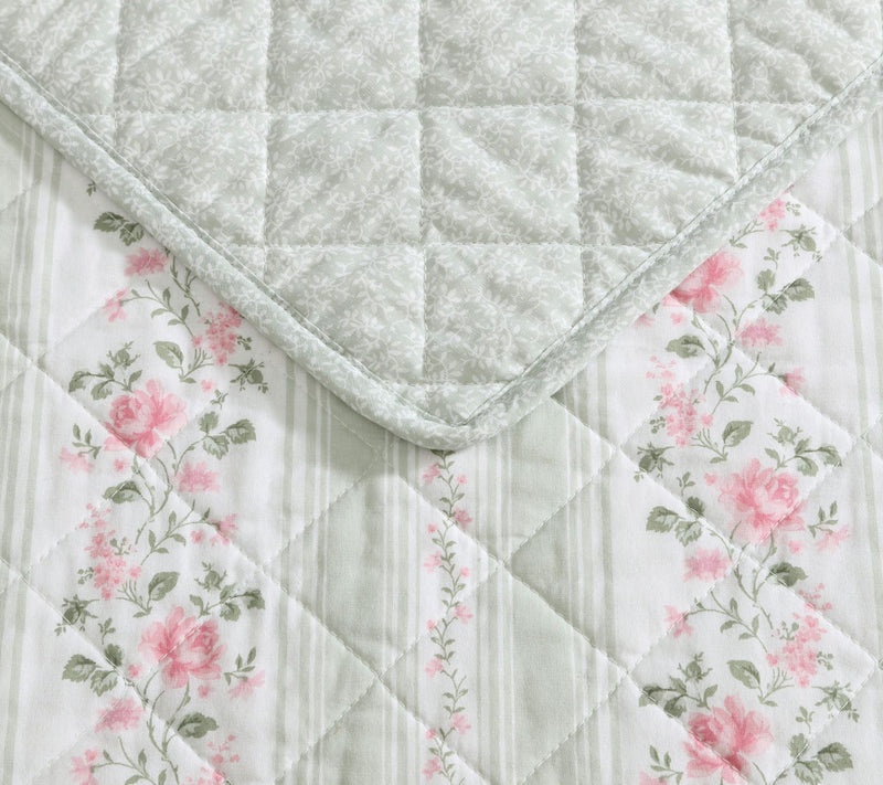 Laura Ashley Rosebud Stripe Sage Green Cotton Twin Quilt Set — View 4