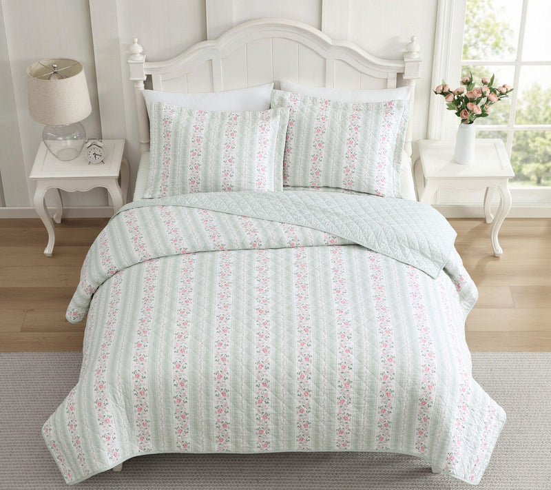 Laura Ashley Rosebud Stripe Sage Green Cotton Twin Quilt Set — View 3