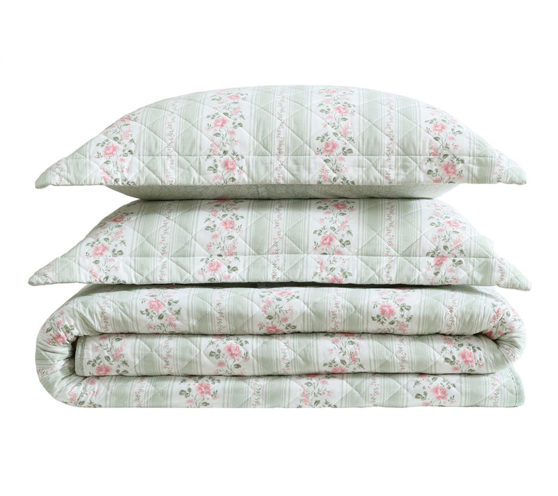Laura Ashley Rosebud Stripe Sage Green Cotton Twin Quilt Set — View 2