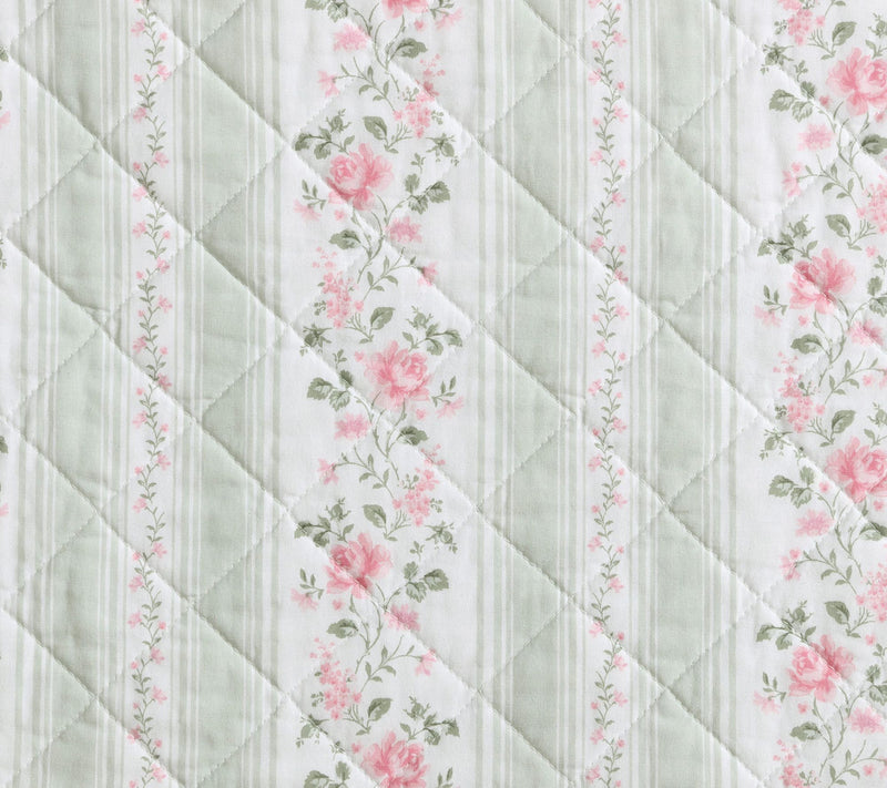 Laura Ashley Rosebud Stripe Sage Green Cotton Twin Quilt Set — View 6