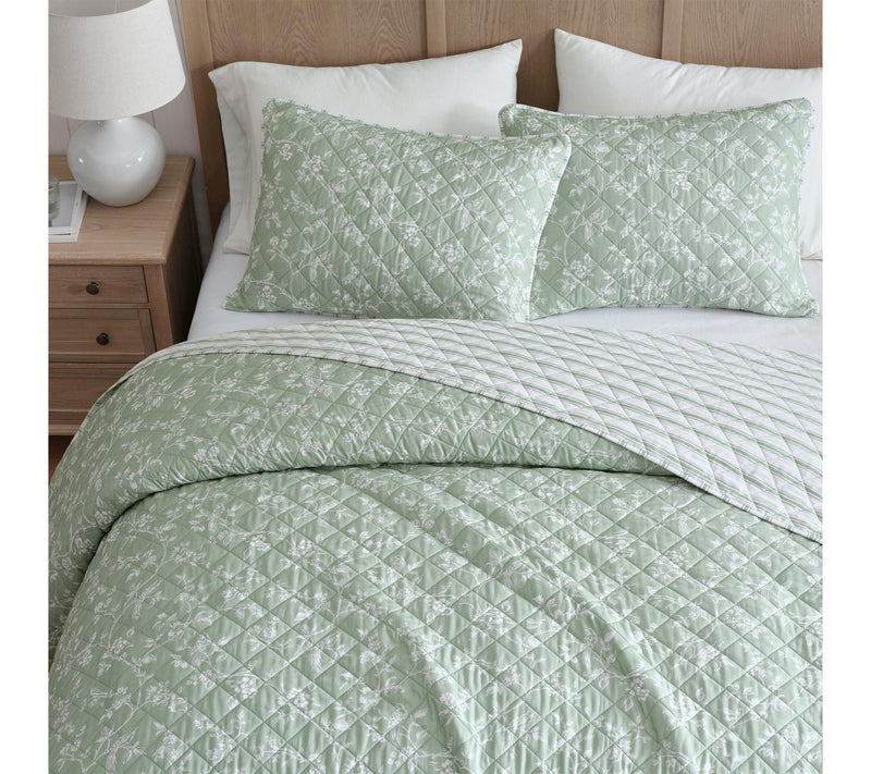 Martha Stewart French Bird Floral Green CottonQueen Quilt Set — View 3