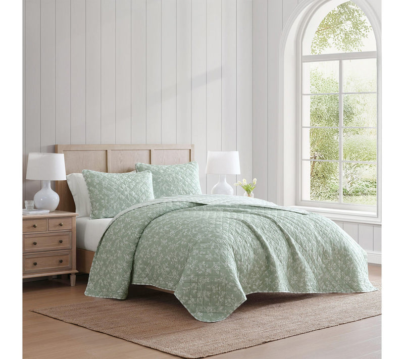 Martha Stewart French Bird Floral Green CottonQueen Quilt Set — View 10