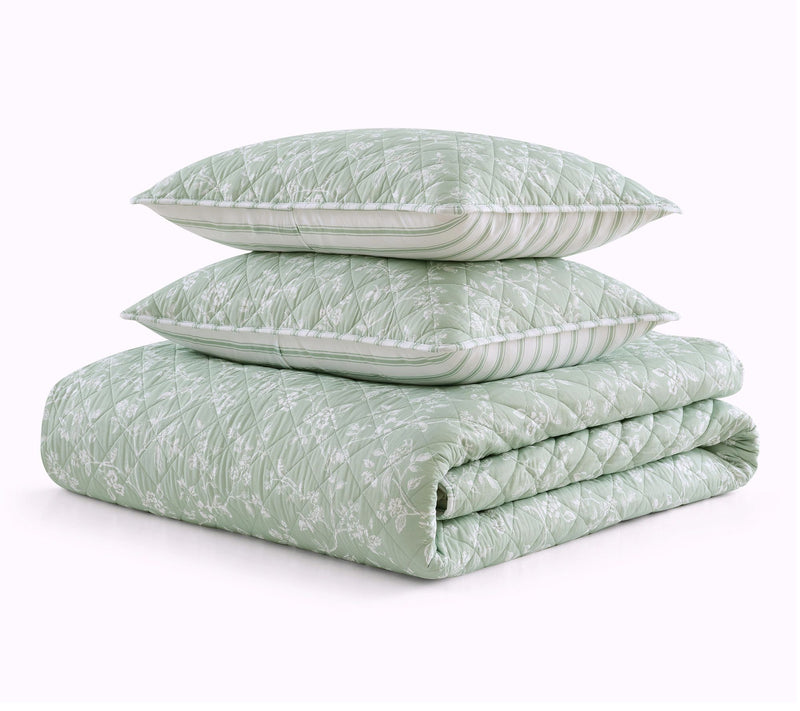 Martha Stewart French Bird Floral Green CottonQueen Quilt Set — View 2