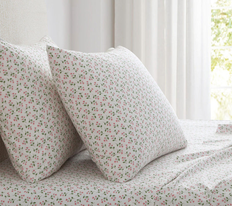 Martha Stewart Kennedy Floral White/Pink CottonKing Sheet Set — View 10
