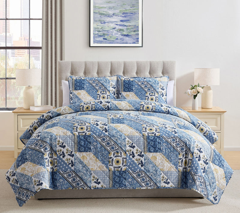 VCNY Home Joel Blue/Yellow 3-Piece Patchwork Quilt Set, King — View 2