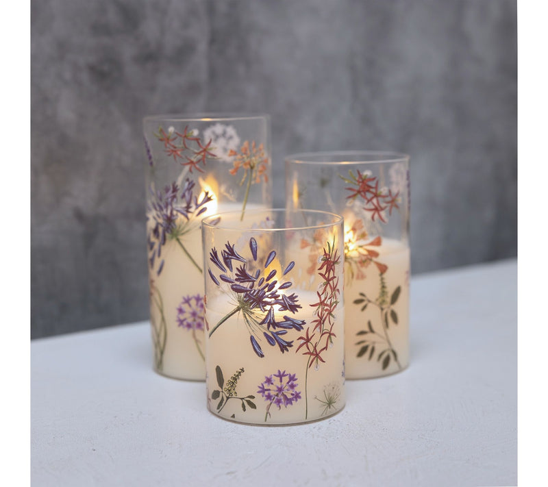LumaBase Battery-Operated Glass Hurricanes w/Wildflower- Set 3 — View 2