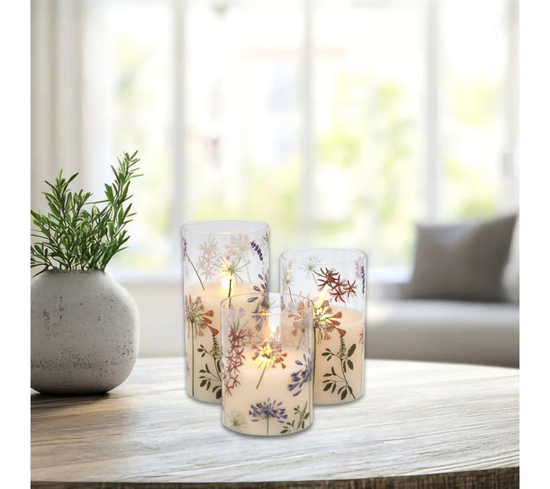 LumaBase Battery-Operated Glass Hurricanes w/Wildflower- Set 3 — View 4