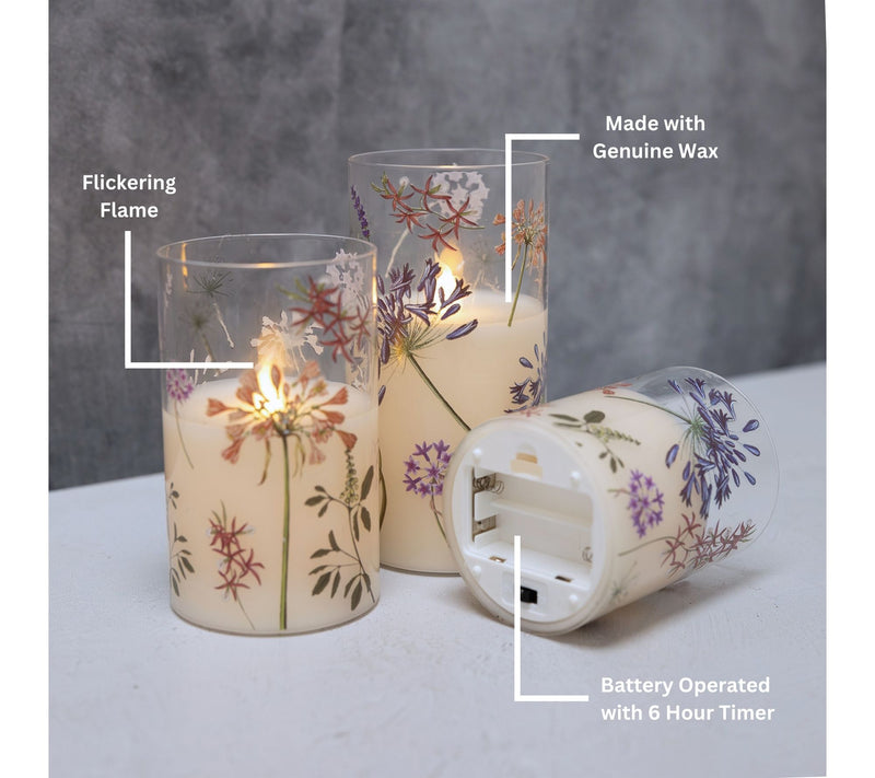 LumaBase Battery-Operated Glass Hurricanes w/Wildflower- Set 3 — View 3