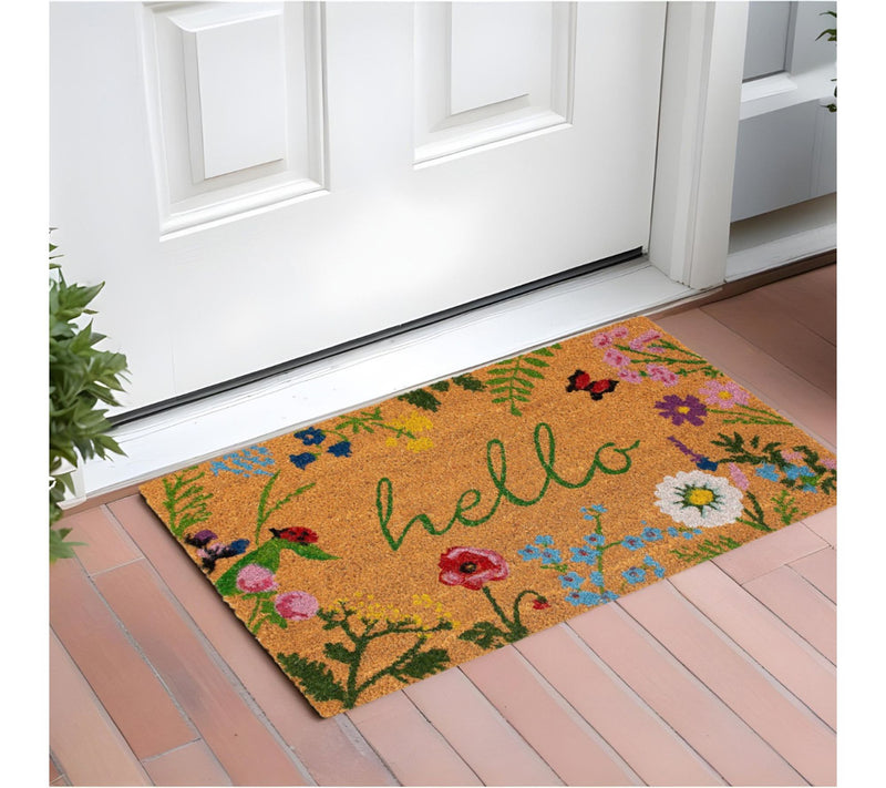 HomeRoots 24" X 36" Natural & Green Floral Hello Door Mat — View 6