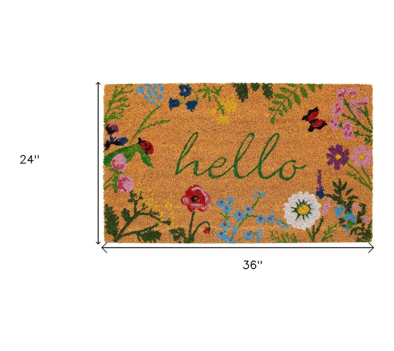 HomeRoots 24" X 36" Natural & Green Floral Hello Door Mat — View 3