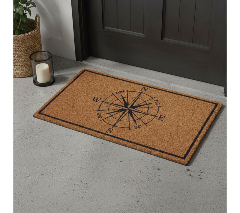 HomeRoots 16" X 30" Brown And  Blue Compass Coir Door Mat — Main view