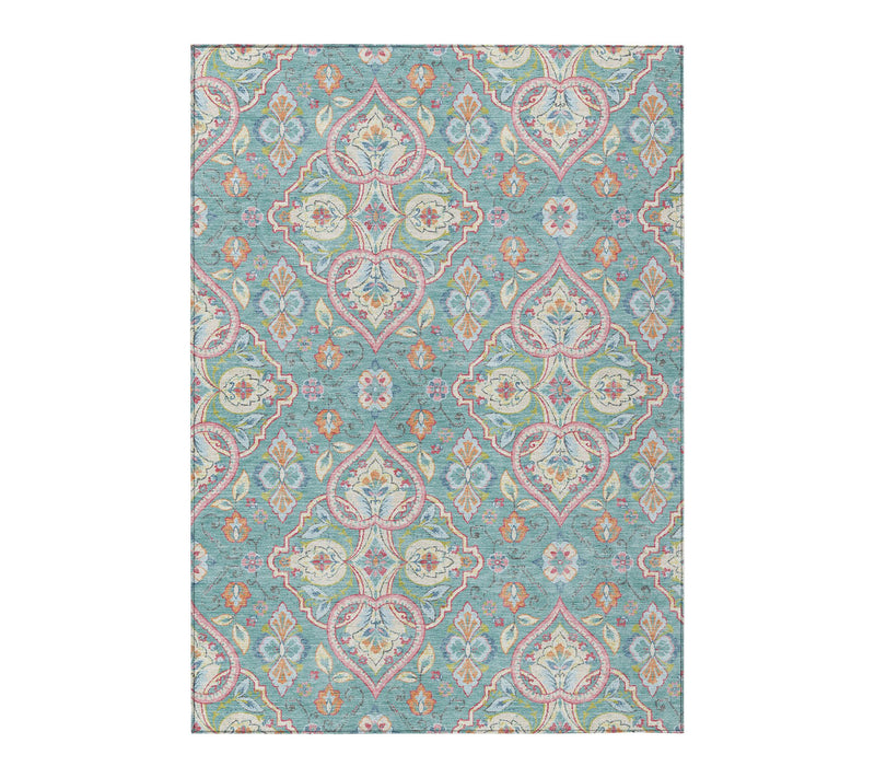 HomeRoots 5' X 8' Teal Blue Pink And Orange Ogee Washable Rug — Main view