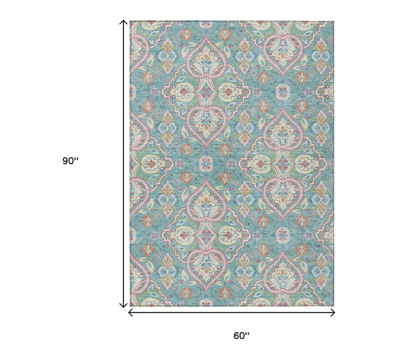 HomeRoots 5' X 8' Teal Blue Pink And Orange Ogee Washable Rug — View 5