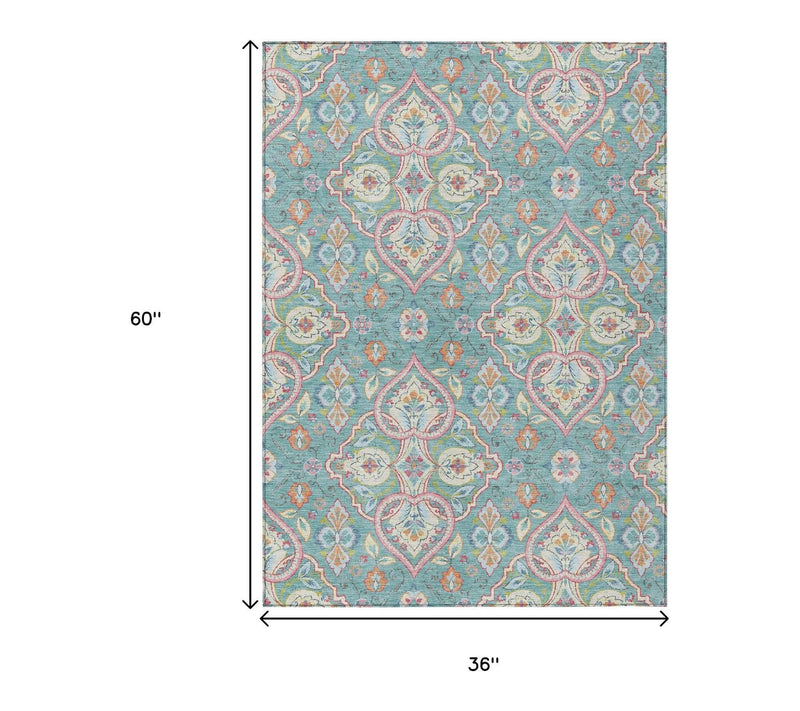 HomeRoots 3' X 5' Teal Blue Pink And Orange Ogee Washable Rug — View 5