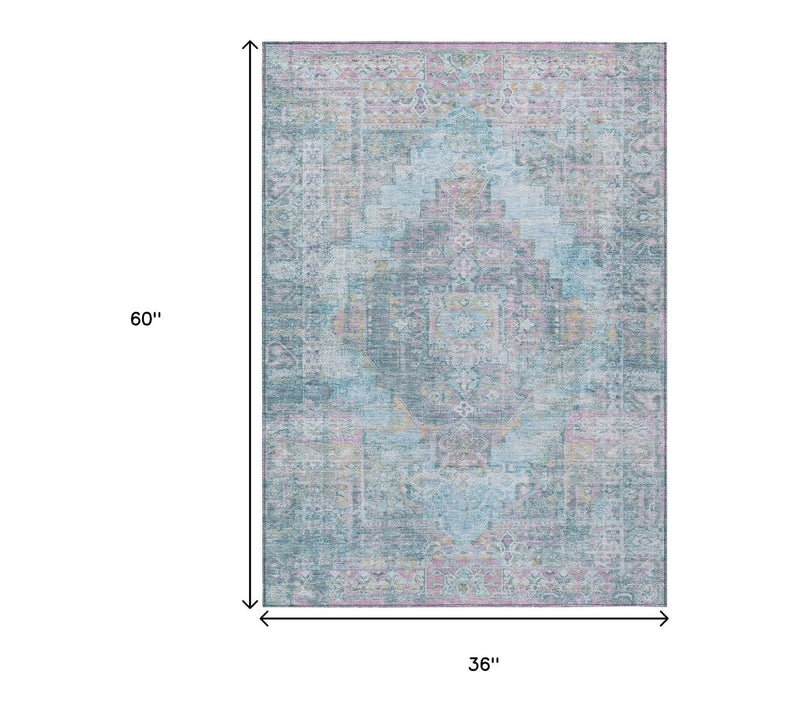 HomeRoots 3' X 5' Blue And Pink Medallion Washable Outdoor Rug — View 5