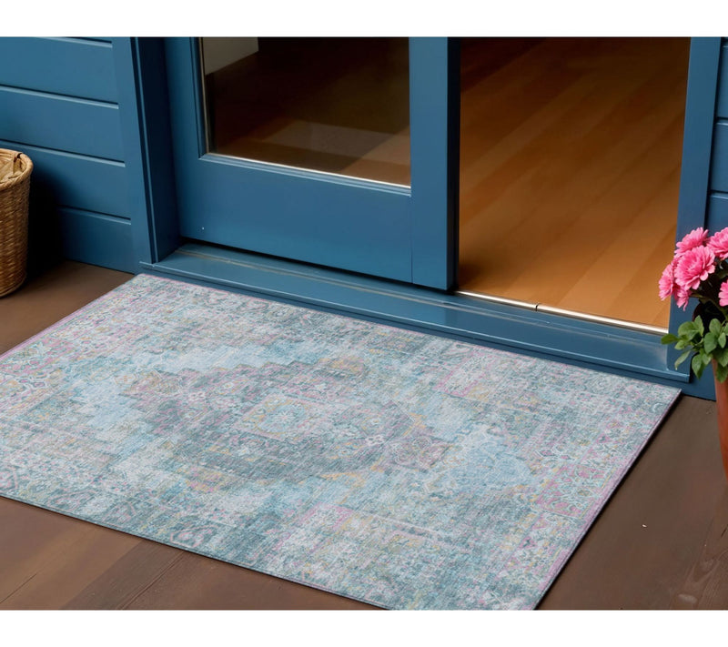 HomeRoots 3' X 5' Blue And Pink Medallion Washable Outdoor Rug — View 2